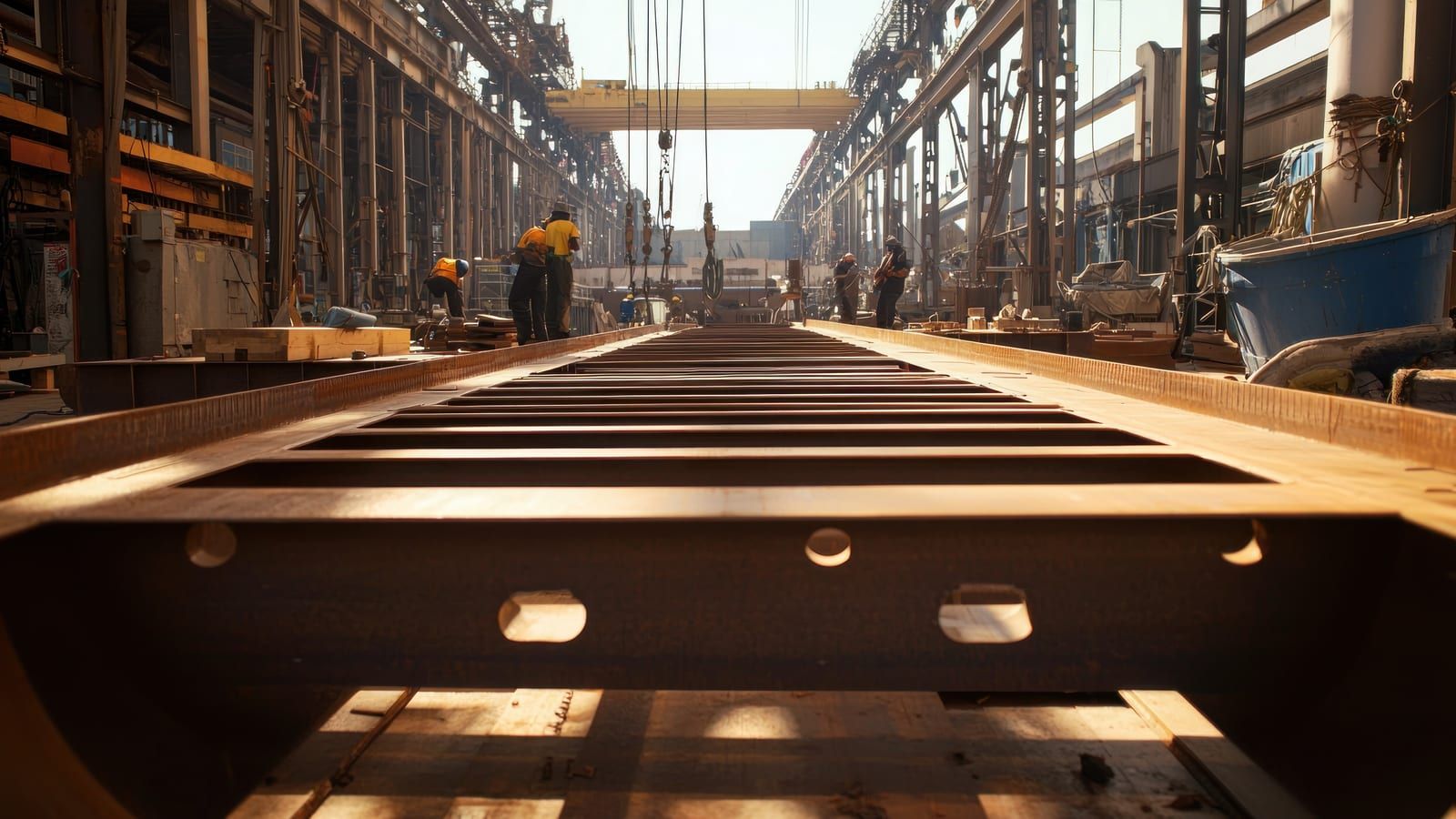 Operarios montando una gran estructura metálica de acero en taller