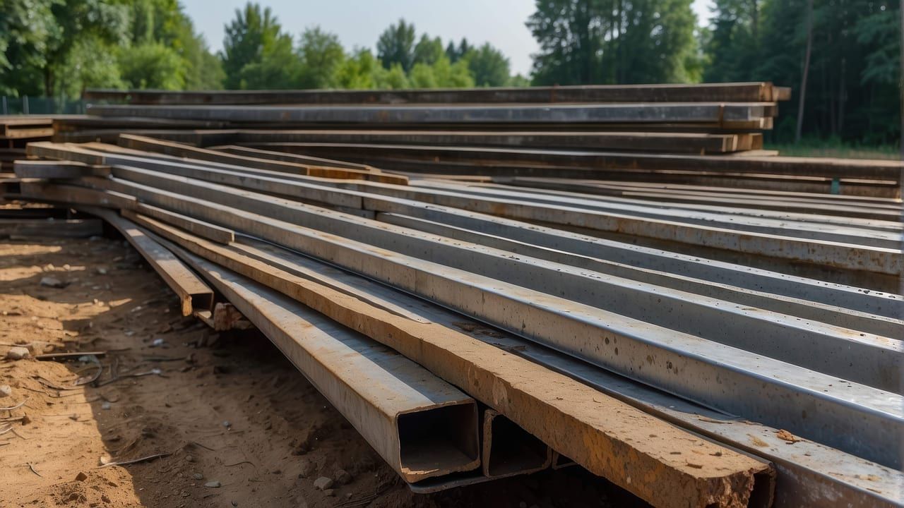 Perfiles y vigas de acero estructural apilados en obra